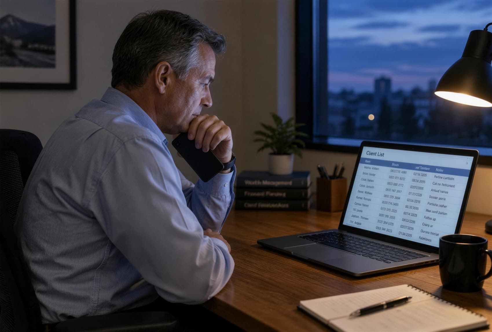 An advisor working late, alone with a list of names